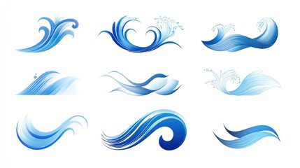 Collection of stylized water waves, graphic design elements