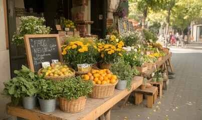 Vibrant Outdoor Market Stall with Fresh Produce and Flowers