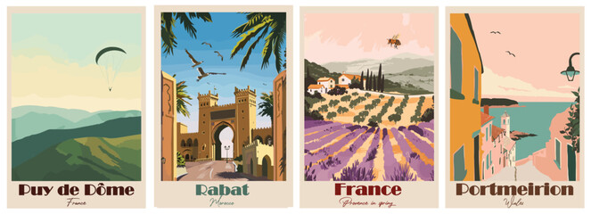Vintage Travel Poster – Portmeirion, Provence, Puy de Dôme, Rabat