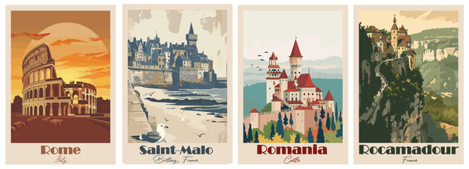 Obraz na płótnie Canvas Vintage Travel Poster – Rocamadour, Romania Castle, Rome, Saint-Malo