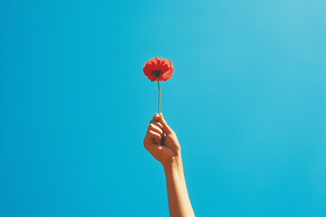 A hand delicately holding a red flower in mid-air