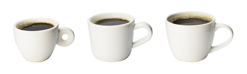 collection of black americano coffee filter and espresso in ceramic coffee mug with handle in...
