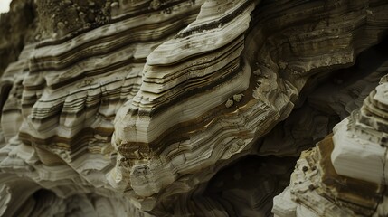 Close-up of intricate layered rock formations with subtle textures and earthy tones, showcasing natural geological patterns and detailed mantle structures. Earth science and geology concepts.