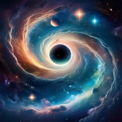 Black Hole concept in deep space galaxy with stars and interstellar planets