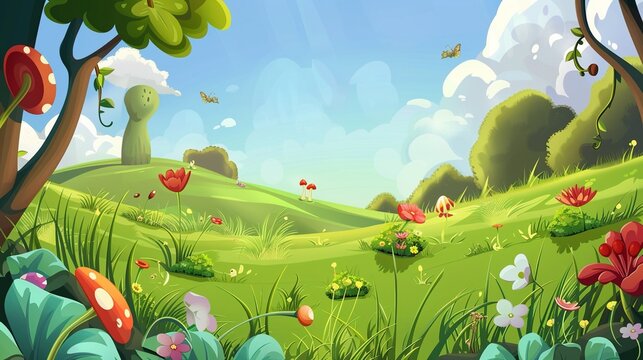 Adorable Cartoon Grassland Background: A Charming and Whimsical Scene. Delight in the Colorful and Fun Atmosphere