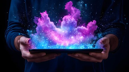 Individual engaging with a tablet displaying a colorful cloud of pink and blue representing data science concepts
