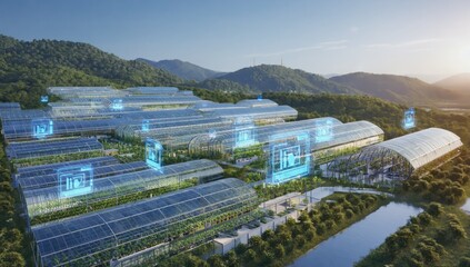 A sprawling complex of smart greenhouses nestled in a valley