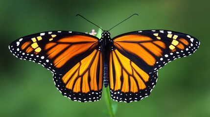 Obraz premium Monarch butterfly Danaus plexippus close up milkweed flowers detailed wing veins soft natural light lush green meadow background