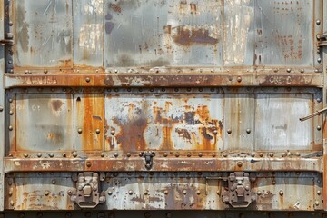 Photo of Side view of rust metal wall of railway wagon side part. Background texture for backdrops or mapping