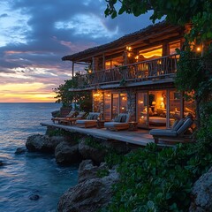 Obraz premium Oceanfront Villa Sunset for Caribbean Luxury Escape.