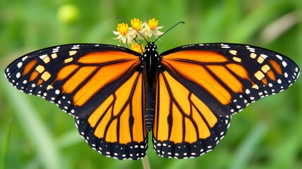 Naklejka premium Monarch butterfly Danaus plexippus close up milkweed flowers detailed wing veins soft natural light lush green meadow background