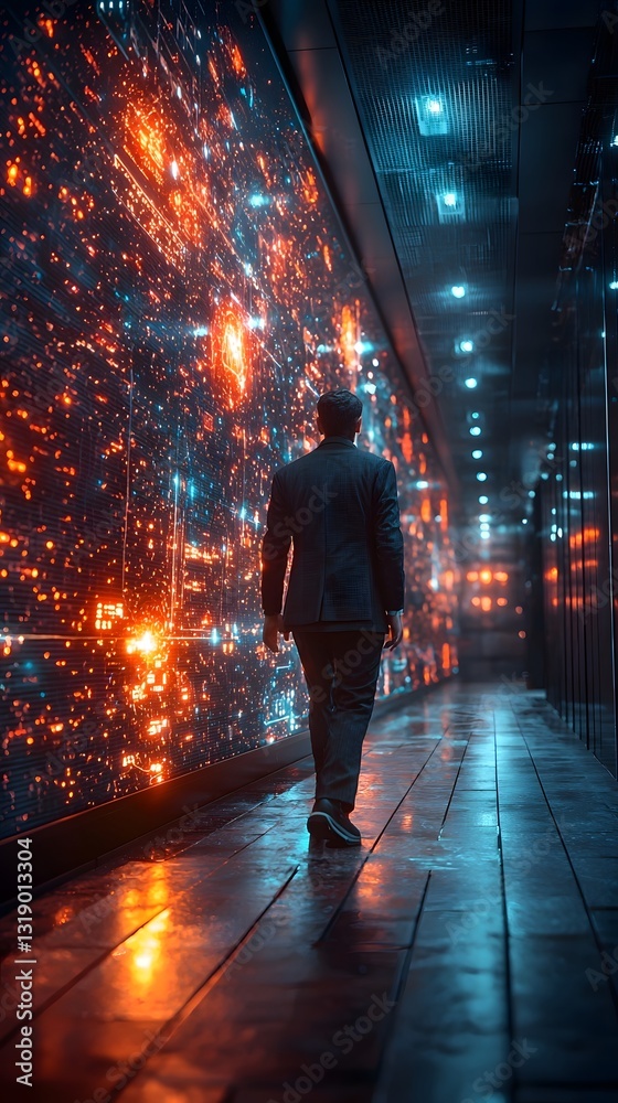 Poster futuristic leader navigating a digital workspace with visualized data streams and team