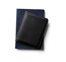 black leather wallet with passport on transparent 