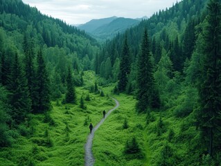 Two hikers walking along a winding path through a lush green forest valley