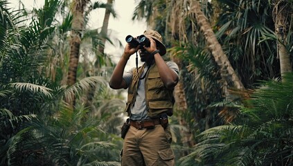 A man explores the jungle using binoculars to observe the surroundings