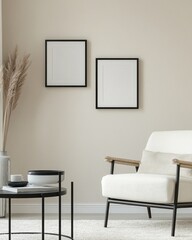 Minimalist living room with armchair, coffee table, and framed prints.