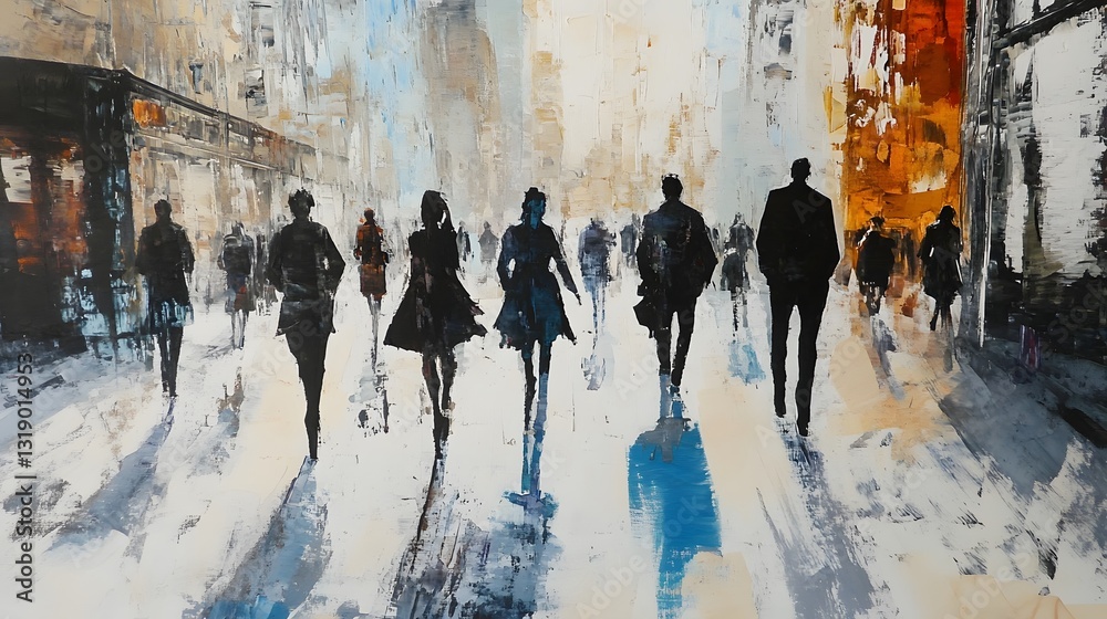 Poster rainy city silhouettes a scene of anonymous commuters walking through a bustling urban landscape wit