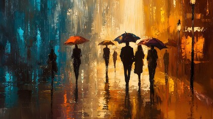 Fototapeta premium Rainy City Street at Night with Silhouetted Figures Walking Under Umbrellas Reflected in Puddles Evoking a Moody Atmospheric and Contemplative Mood