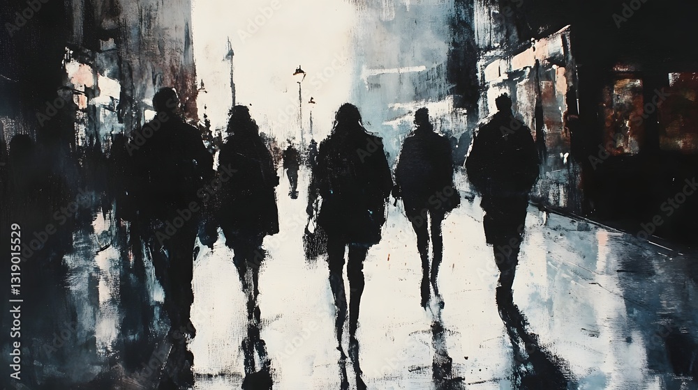 Aufkleber rainy night in the modern city anonymous pedestrians walking on the wet street under the glow of neo
