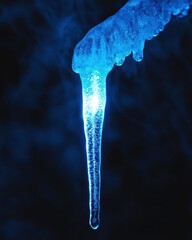 Illuminated Icicle with Soft Blue Glow in Dark Background