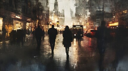 Rainy Night in the Bustling City Capturing the Moody Atmosphere of Urban Life  A dramatic scene of pedestrians walking through the rain soaked streets of a metropolitan city with silhouetted figures