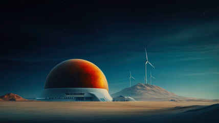 A futuristic human settlement on Mars with advanced technology and sustainable living
