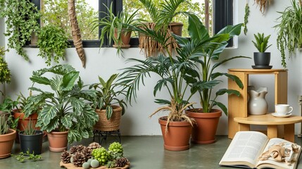 Cozy indoor plant setup with terracotta pots, lush greenery, a book, and a wooden shelf. The natural elements create a calming atmosphere, perfect for enjoying the beauty of indoor plants and reading