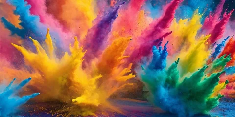 Vibrant Holi Colors Explosion with Dynamic Swirls, Colorful Powder Burst, Yellow-Blue Contrast, Pink-Cyan Clouds, Energetic Brushstrokes, Fluid Art, Bold Composition, Bright and Textured Motion