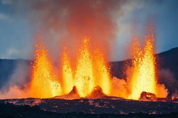 Obraz premium Dramatic volcano eruption with fiery lava and ash cloud. AI image
