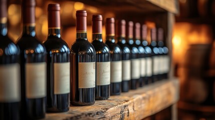 Bottles of red wine neatly arranged on a rustic wooden shelf, warm lighting 