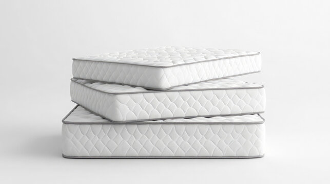 Three white mattresses are neatly stacked, featuring a quilted texture that adds comfort and style. The minimalist design enhances any sleeping space