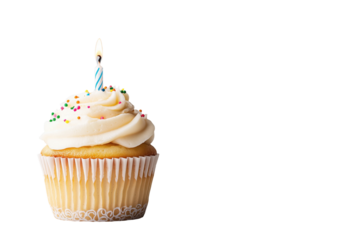 Geburtstags-Cupcake mit Kerze und Streuseln, PNG mit transparentem Hintergrund

