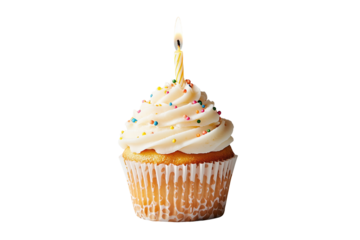 Geburtstags-Cupcake mit Kerze und Streuseln, PNG mit transparentem Hintergrund

