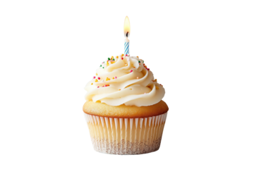 Geburtstags-Cupcake mit Kerze und Streuseln, PNG mit transparentem Hintergrund

