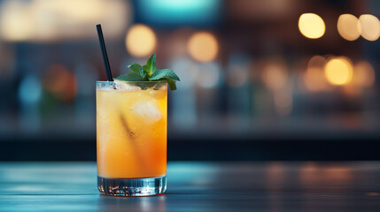 Close-up of a fancy cocktail at the bar with blurred background.