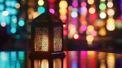 A beautifully crafted lantern illuminates the night during Ramadan, casting warm light on an empty table with a blurred background of colorful lights.