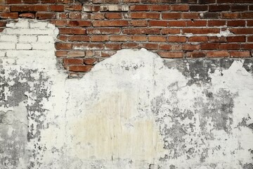 Weathered red brick wall with peeling white paint texture. AI image