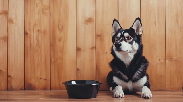 Siberian husky puppy with black bowl against wooden wall background.