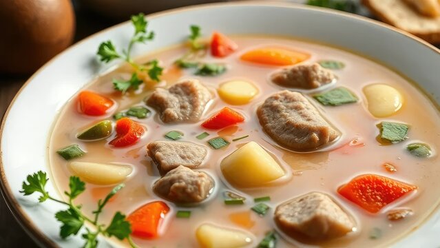 Sopa de verduras y carne en un plato de puchero canario, receta tradicional, sopa, guisado
