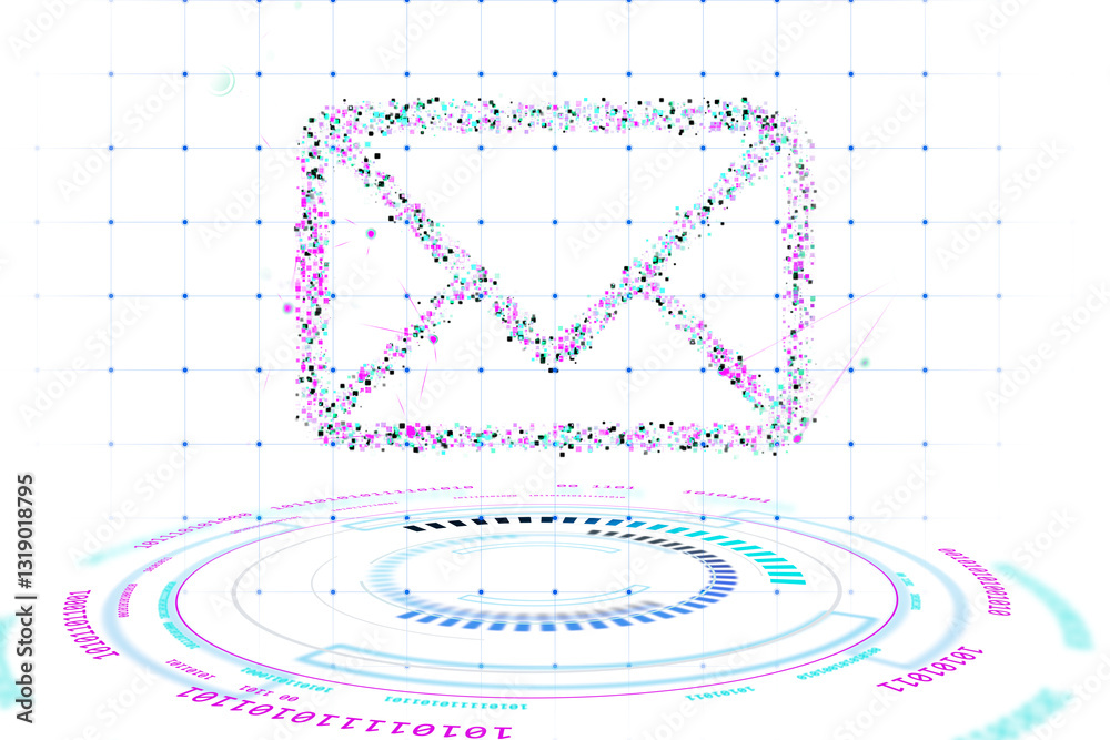 Fototapete Abstract email envelope icon composed of pixelated elements on a white background. Digital futuristic design concept for communication and technology. 3D Rendering.