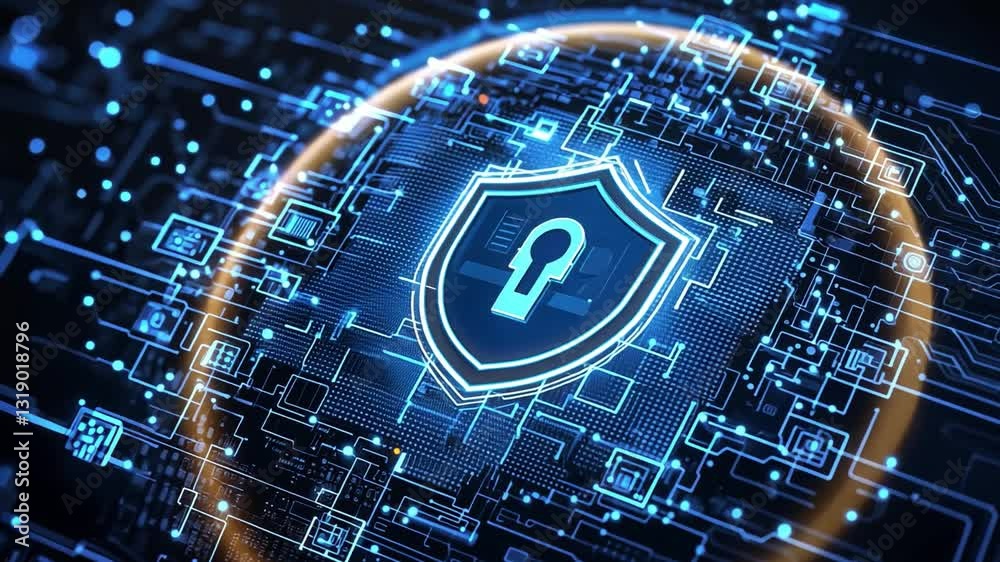 Poster digital shield icon with lock on futuristic background of network connections and data flow for cybe