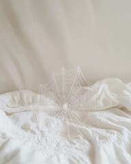Obraz premium Intricate Spider Web on Soft White Fabric Background