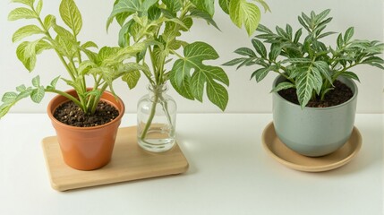 Fototapeta premium Three potted plants on wooden stands against a plain white background; two green, one gray. This setup highlights minimalistic plant styling and modern decor with vibrant indoor greenery.