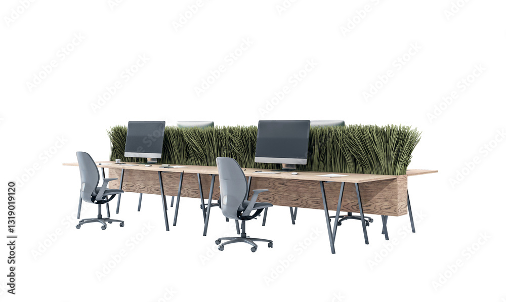 Poster office desk with green grass dividers, ergonomic chairs, and computers on a white background. modern