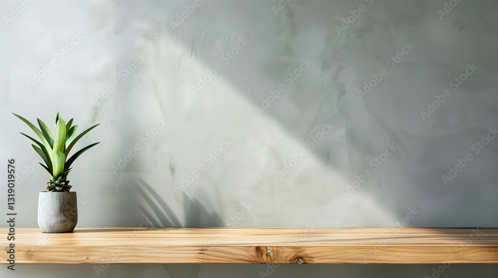 Aufkleber Wooden table copy space background empty desk template. table horizontal background mock up with plaster wall and vase. Empty display with soft shadow and sunlight light