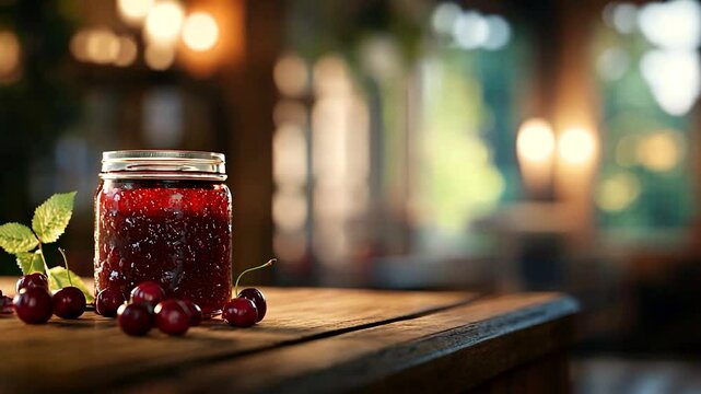 Homemade cherry jam in a glass jar (1)