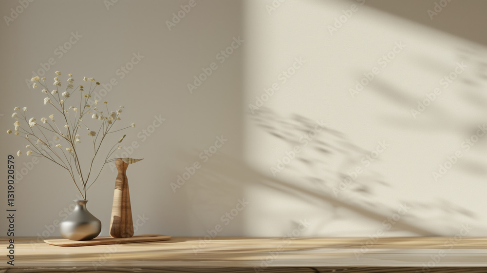 Poster Wooden table copy space background empty desk template. table horizontal background mock up with plaster wall and vase. Empty display with soft shadow and sunlight light