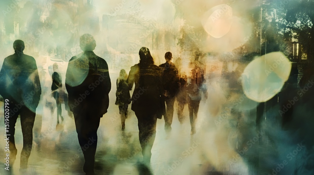 Poster Silhouetted figures move through a fog shrouded urban landscape their forms obscured and abstracted creating a sense of mystery and intrigue