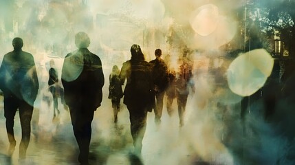 Obraz premium Silhouetted figures move through a fog shrouded urban landscape their forms obscured and abstracted creating a sense of mystery and intrigue