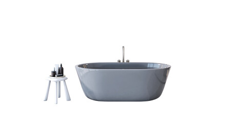 Freestanding gray bathtub with faucet and a white stool holding toiletries, isolated on a white background. Bathroom design concept. 3D Rendering